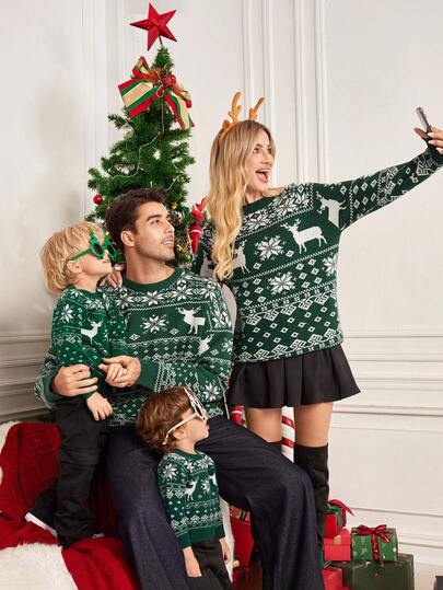 SHEIN LUNE Conjunto de suéter casual navideño a juego para la familia, suéter verde para mujer, suéter lindo y suéteres navideños para mujeres