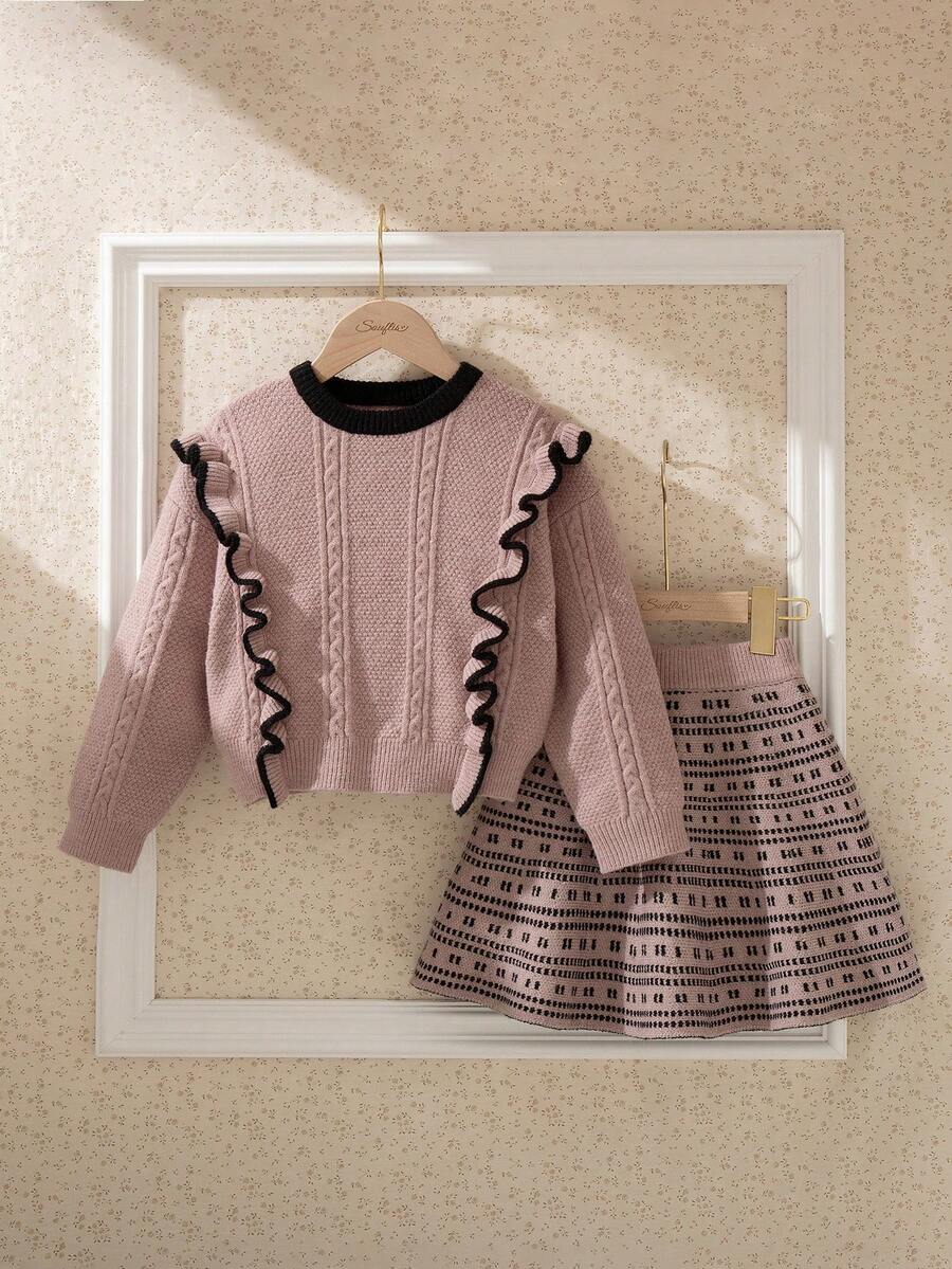 Souflis Souflis 2 件套女童圆领毛衣和荷叶边腰格子迷你裙套装，幼儿/小女孩针织开衫和裙子套装，秋冬 - 粉色 - 查看 1