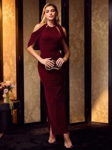MOTF Soiréza ELEGANT RUCHED HALTER DRESS, SUITABLE FOR EVENING GALA, PARTY - Burgundy - View 4