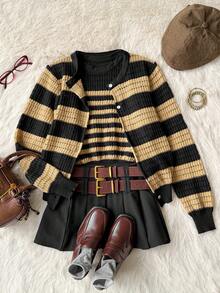 Muvela Bộ 2 áo khoác cardigan sọc và áo ba lỗ cho nữ, phong cách đại học cổ điển, trang phục thiết yếu cho mùa thu, thích hợp mặc hàng ngày, tụ tập thường ngày, thoải mái và tối giản, sân bay, văn phòng - Nhiều màu - Xem 5