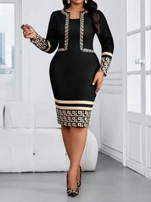 SHEIN Lady Elegant Thanksgiving New Year Black Party Dress New Year Dress Elegant Dresses For Party Luxury Evening Dresses For Women One-Piece Dress Ladies Autumn Winter Christmas Plus Size Geometric Print Fitted Sheath Dress, Suitable For Commuting Long Sleeve Elegant Dress Luxury Dress For Women Bodycon Plus Size Dress Curve Elegant Dress Bandage Dress For Women Bodycon Elegant Dress