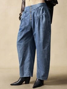 Bohemela Women's Button Waist Pleated Flare Casual Loose Pants