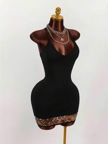 Amplova 别致豹纹网眼拼布细肩带甜心胸围交叉后背性感迷你紧身连衣裙 - 黑色 - 查看 7