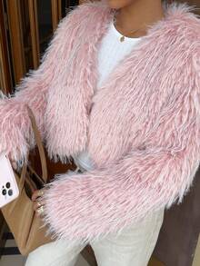 SHEIN Unity Women's Elegant Luxury Faux Ostrich Fur Lined Jacket - Pink - View 3