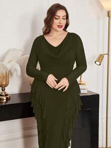 Modelyn Plus Size Elastic Mesh Scoop Neck Ruffle Hem Bodycon Elegant Dress, Spring/Summer - Army Green - View 4