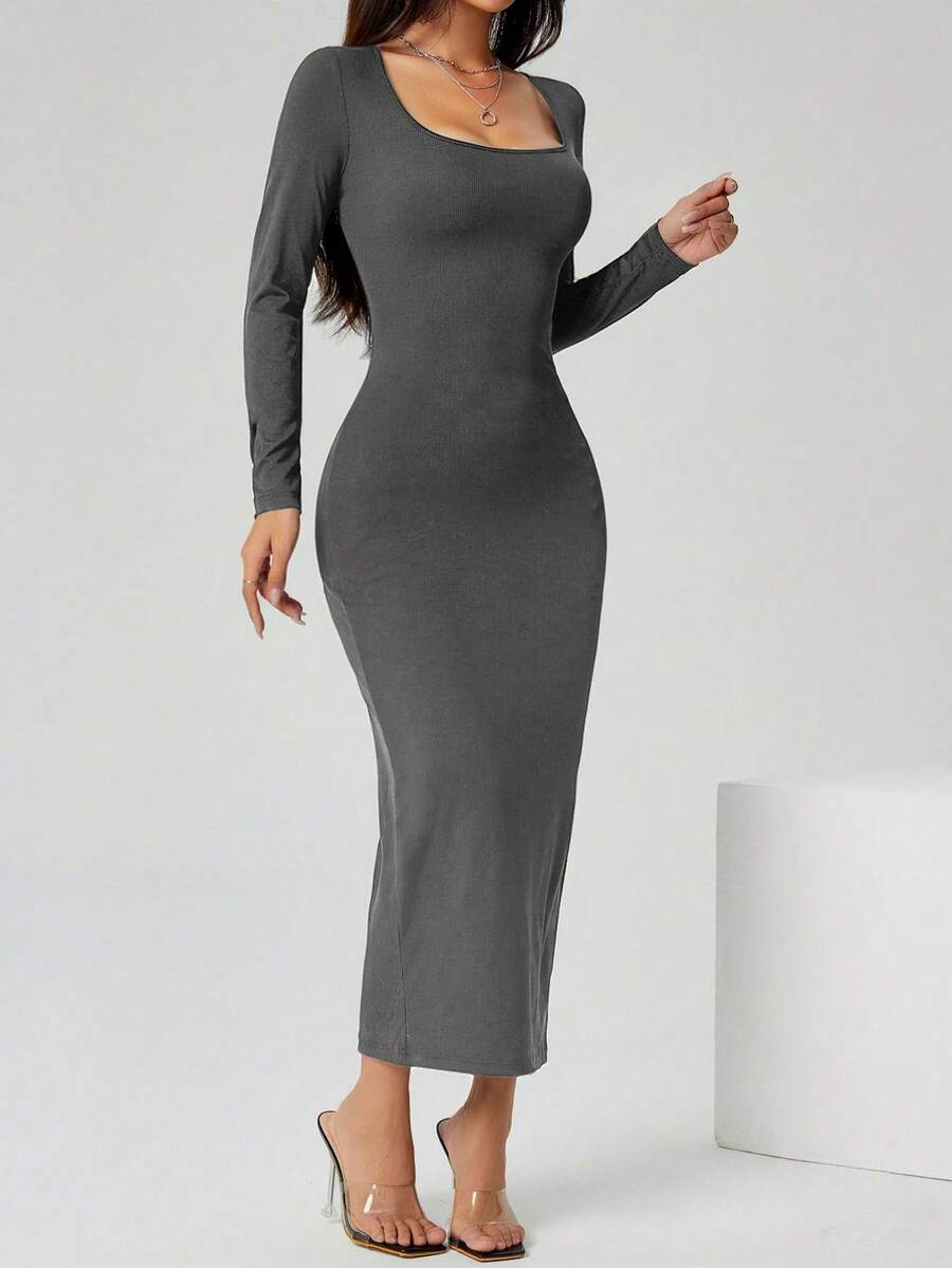 SHEIN PETITE 秋装纯色方领紧身黑色长袖连衣裙 - 深灰色 - 查看 1