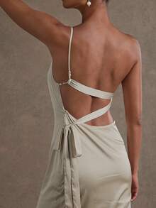 L'Amorae Satin Chiffon Mixed Media Backless One Shoulder Gown Graduation Prom Wedding Birthday - Apricot - View 5