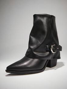 Solezae 魅力女士折叠扣带黑色仿皮 PU 战斗中筒短靴舒适秋冬假日鞋 - 黑色 - 查看 2