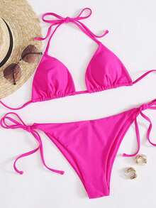 Swim Basics Summer Beach Solid Bikini Set Triangle Bra & Thong Bottom 2 Piece Bathing Suit - Hot Pink - View 1