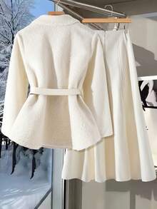 GlowEve 2pcs Teddy Fleece Jacket & Midi Skirt Set, Waist Cinched, Pockets, Commuter Friendly, Versatile, Elegant, Thick, Apricot, Autumn/Winter - White - View 2