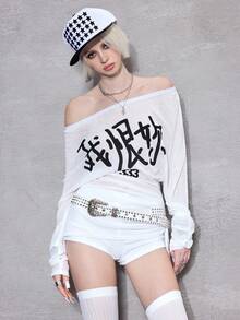 ROMWE Avant 女款 Y2K Baddie Subculture 透视性感露肩中文标语印花短款上衣 - 白色 - 查看 6