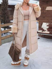 SHEIN EZwear 大码女式卡其色毛领长款棉服外套，秋冬 - 卡其色 - 查看 5