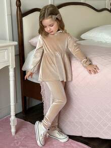 Elladie kids 2pcs/Set Young Girl Autumn/Winter Velvet Fabric Long Sleeve Hooded Sweatshirt With Ruffle Trim & Elastic Waist, Casual Leggings Set - Khaki - View 1