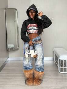 Coolane 女士唇印落肩长袖抽绳短款黑色卫衣，秋冬女装 - 黑色 - 查看 2