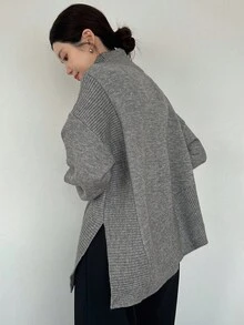 FRIFUL 女式纯色罗纹针织高领宽松休闲套头衫，侧开衩下摆，秋季 - 灰色 - 查看 6