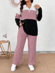 EMERY ROSE Áo thun dệt kim mềm tay dài có khóa kéo cổ áo cỡ lớn phối màu và quần gân mềm mại, trang phục thường ngày 2 món - Nhiều màu - Xem 5