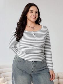 Solflare 新款加大码女式T恤，纽扣半开襟棉质条纹长袖休闲T恤，秋冬季，返校季，韩版风格，早午餐秋冬加大码修身长袖条纹T恤，侧褶设计，显瘦，休闲百搭 - 彩色 - 查看 1