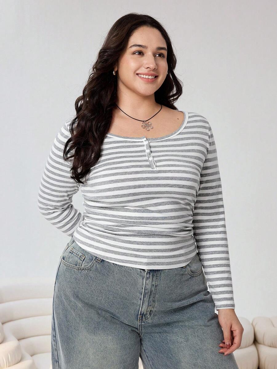 Solflare 新款加大码女式T恤，纽扣半开襟棉质条纹长袖休闲T恤，秋冬季，返校季，韩版风格，早午餐秋冬加大码修身长袖条纹T恤，侧褶设计，显瘦，休闲百搭 - 彩色 - 查看 1