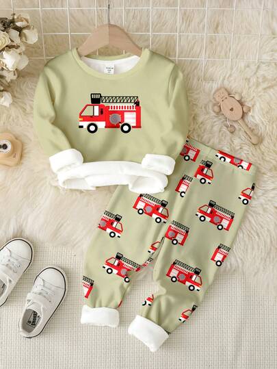 SHEIN Pijama de camisa de cuello redondo de manga larga y pantalones cómodos y ajustados, estilo minimalista casual para bebé niño, adecuado para otoño/invierno