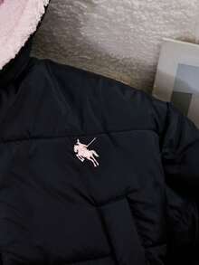 SHEIN 少女休闲短款连帽棉衣，保暖内衬，宽松版型，舒适，适合秋冬季日常穿着、户外、派对、拍照 - 黑色 - 查看 4