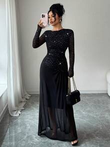 Islaluna Vestido de manga larga elegante con empalme en la cintura, tejido elástico fruncido acanalado y parche de tela de malla transparente, tela de malla de unicolor, negro, otoño/invierno