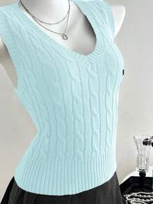 SHEIN Unity Casual Versatile Cable Knit Vest - Blue - View 3