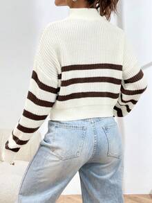 SHEIN Unity 宽松休闲女式条纹落肩长袖半开襟拉链毛衣，秋冬 - 彩色 - 查看 2