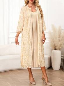 Ellevyn 金色蕾丝夹克和连衣裙优雅女士套装，适合派对、商务聚会 - 金色 - 查看 4