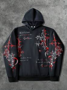 ROMWE MEN Goth 男士深色连帽衫，适合日常穿着，春夏秋季皆宜。 - 黑色 - 查看 1