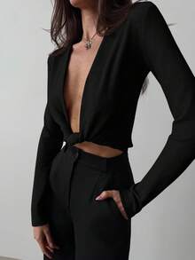 Aloruh كنزة صوفية بولوفر أنيقة باللون المشمشي، تي شيرت طويل الأكمام متعدد الاستخدامات مزين بتصميم عميق على شكل V مع تويست - الأسود - مشاهدة 5