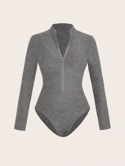 EMERY ROSE Women's Casual Solid Color Stand Collar Bodysuit, Autumn