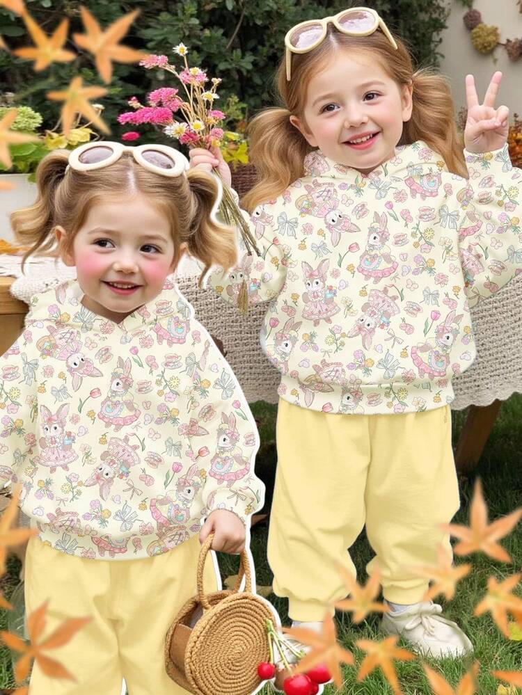 SHEIN Happikins Cute Pastoral Rabbit & Floral Print, Tulip Bow Print Baby Girl Casual Hoodie & Pants Set, Suitable For Autumn/Winter, Outdoor Picnic, Street Style, Home - Multicolor - View 1