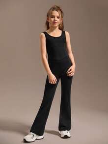 SHEIN Czarny, obcisły kombinezon dla nastolatek, modny, bardzo elastyczny materiał, dopasowany krój, do ćwiczeń, na co dzień