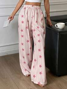 DAZY 条纹星形印花宽松女士睡裤，冬季 - 粉色 - 查看 5