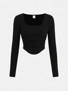 SHEIN Girlism Teen Girls 2pcs/Set Pants Plaid Daily Wear Microfleece Football/Soccer Black And White Sportswear Wide Leg Pants And Black Top Spring Date Night Tops Square Neck Ruched Curved Hem Tee Suit - Black and White - View 9