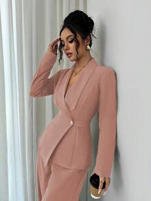 Elenzga Bộ đồ vest hai mảnh cổ chữ V ve áo thanh lịch, tay dài, thiết kế độc đáo, thắt lưng eo, cài nút, cao cấp kèm quần ống rộng ống đứng, phù hợp cho việc đi làm vào mùa thu - Hồng - Xem 3