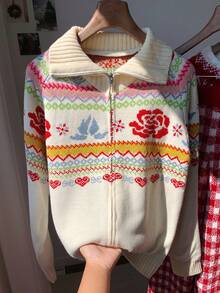 Comfortcana Women's Floral Pattern Raglan Sleeve Zip Front Casual Knit Cardigan, Autumn/Winter Cute Cardigan Winter Sweaters,Christmas Sweater