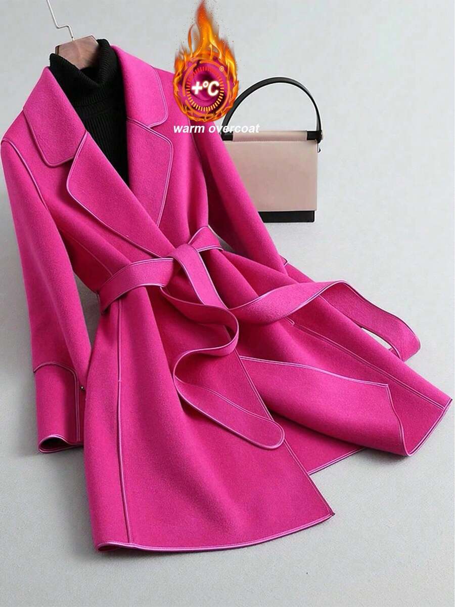 SHEIN Clasi 大码女式纯色做旧翻领长袖优雅羊毛大衣