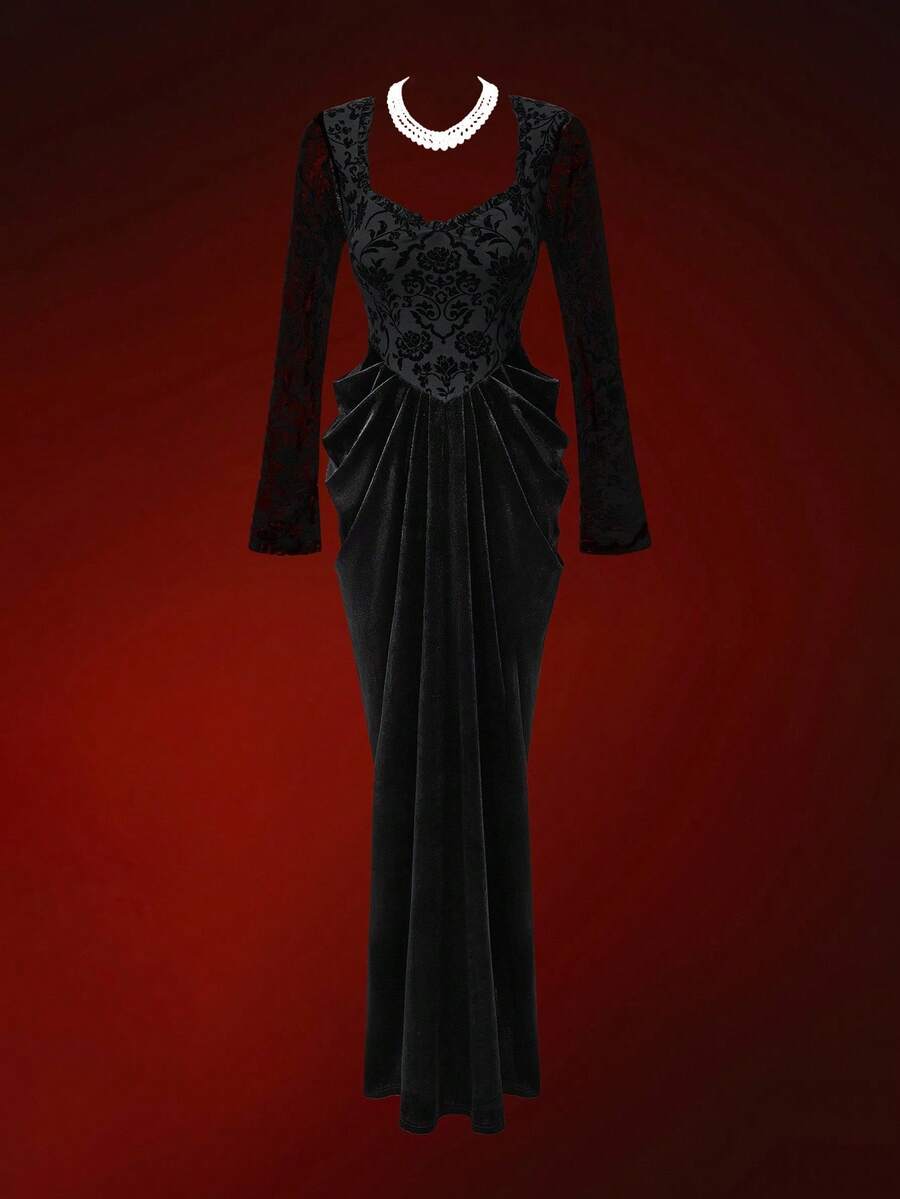 Glisette Lace Long Sleeve Waist Cinched Elegant Women Long Dress