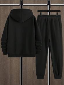 Manfinity Homme 宽松男士保暖连帽衫和运动裤两件套，字母印花，秋冬服装 - 黑色 - 查看 4