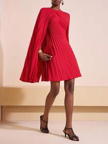 Zivah 2025 Autumn/Winter & Summer New Arrival Music Festival, Easter, St. Patrick's Day, Western, Nomadic, Birthday Party, Graduation, College Style, Student, Daily Wear, All-Match Versatile, Casual, Vacation, Cruise Travel, Beach, Sunbathing, Viral , Streetwear, Beach Vacation/Party/Date, Pleated Material Red Cape-Style Women Short Dress - Red - View 5