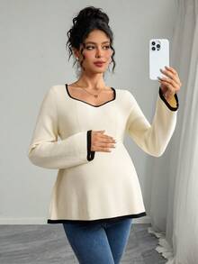 Momance 宽松孕妇毛衣，拼色设计，长袖针织套头衫 - 米色 - 查看 1