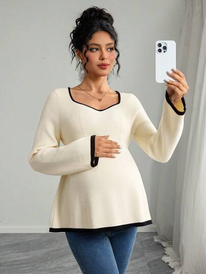 Momance 宽松孕妇毛衣，拼色设计，长袖针织套头衫