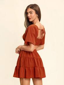Coeurva Vacation Square Neck Hollow Out Ruffle Hem Casual Dress For Summer - Rust Brown - View 3