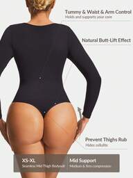 Shapelle Forme Damen einfarbiger V-Ausschnitt Langarm schmale passform Lässig Jumpsuit Shapewear