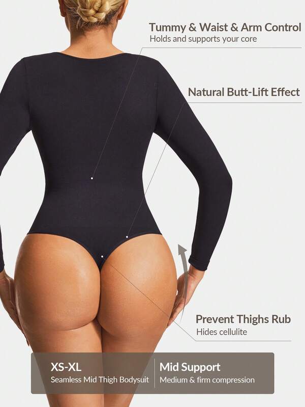 Shapelle Forme Damen einfarbiger V-Ausschnitt Langarm schmale passform Lässig Jumpsuit Shapewear