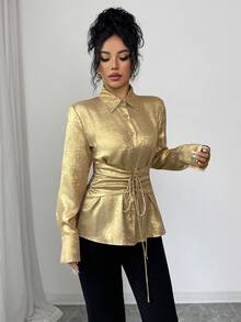 Selianne 女款優雅奢華金色金屬感長袖襯衫，秋季夜生活正式婚禮派對舞會雞尾酒會，領口鈕扣腰部繫帶修身剪裁 - 金色 - 查看 4