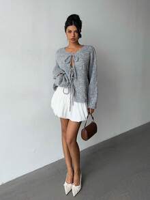 Aloruh Minimalist Casual Solid Color Ribbed Knit Front Tie Raglan Sleeve Cardigan In Fall/Winter - Grey - View 6