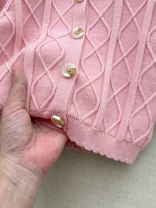 Blossori  Baby Girls' French Elegant Floral Jacquard Ruffle Collar Front Button Knit Cardigan, Baby Girl Pink Sweater, Cardigan For Baby Girl, Baby Girl Sweaters, Baby Girl Knitted Cardigan, Baby Set Autumn Winter Season,Cozy Fall & Winter Styles - Pink - View 7