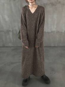 FRIFUL 女式棕色纯色 V 领落肩长袖直筒长款毛衣裙，秋冬休闲外套连衣裙
